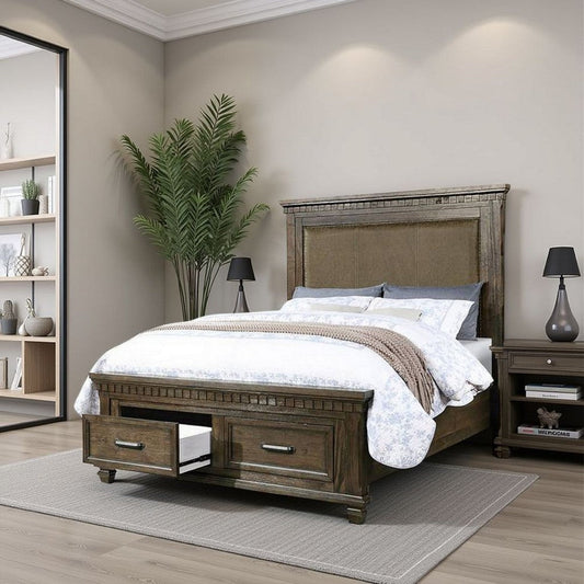Ziv Classic Queen Size Bed with 2 Storage Drawers, Upholstered, Brown