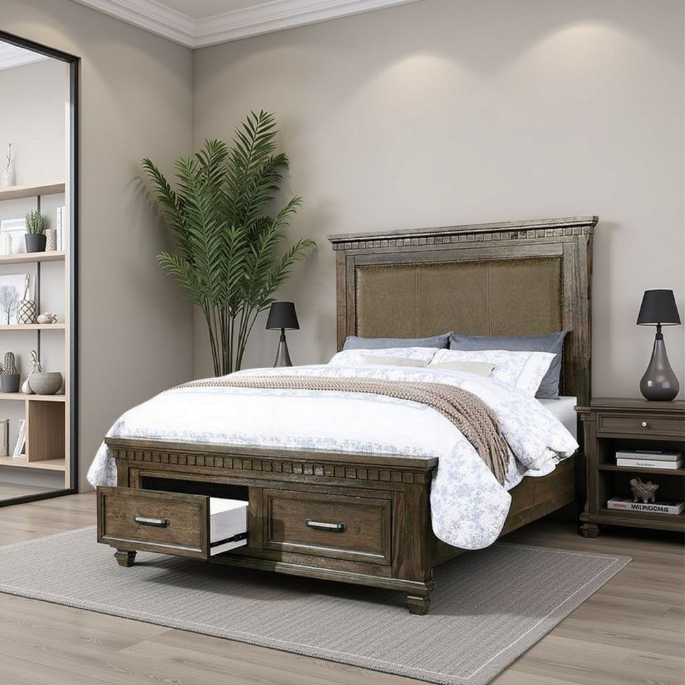 Ziv Classic Queen Size Bed with 2 Storage Drawers, Upholstered, Brown