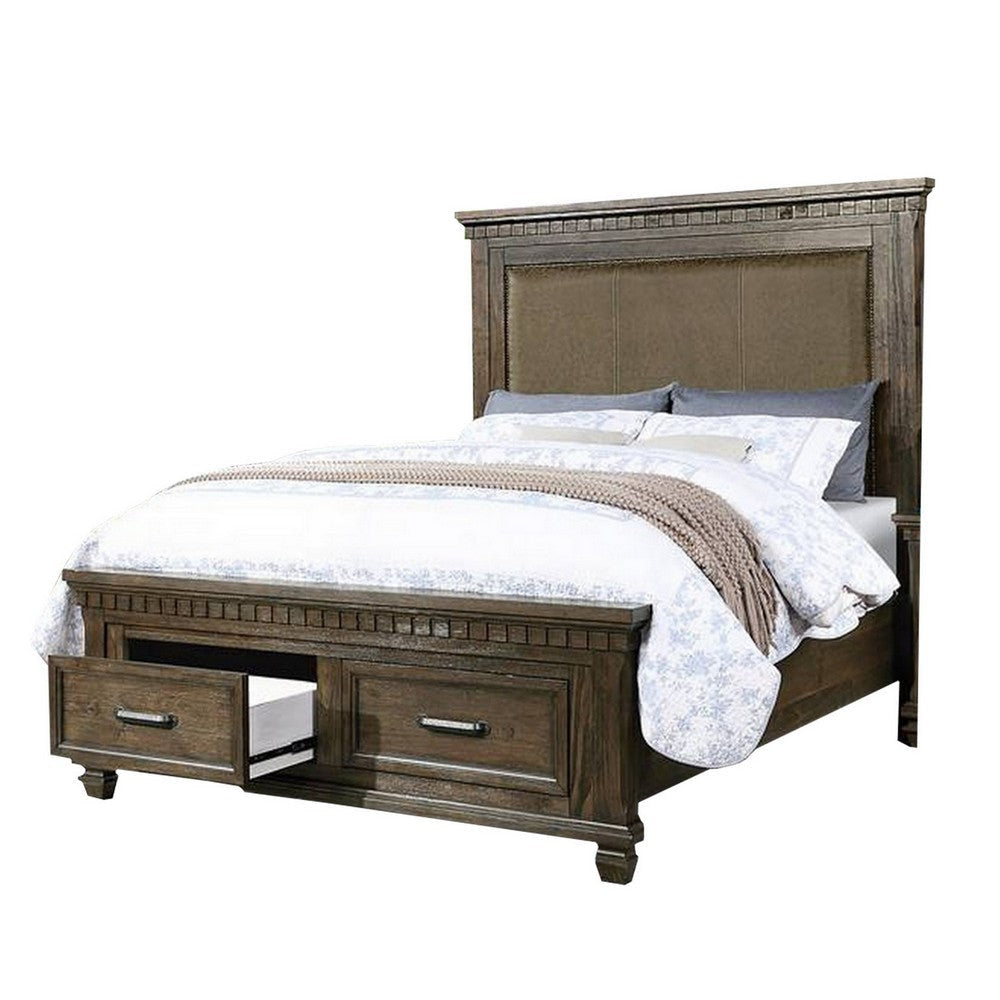 Ziv Classic Queen Size Bed with 2 Storage Drawers, Upholstered, Brown 