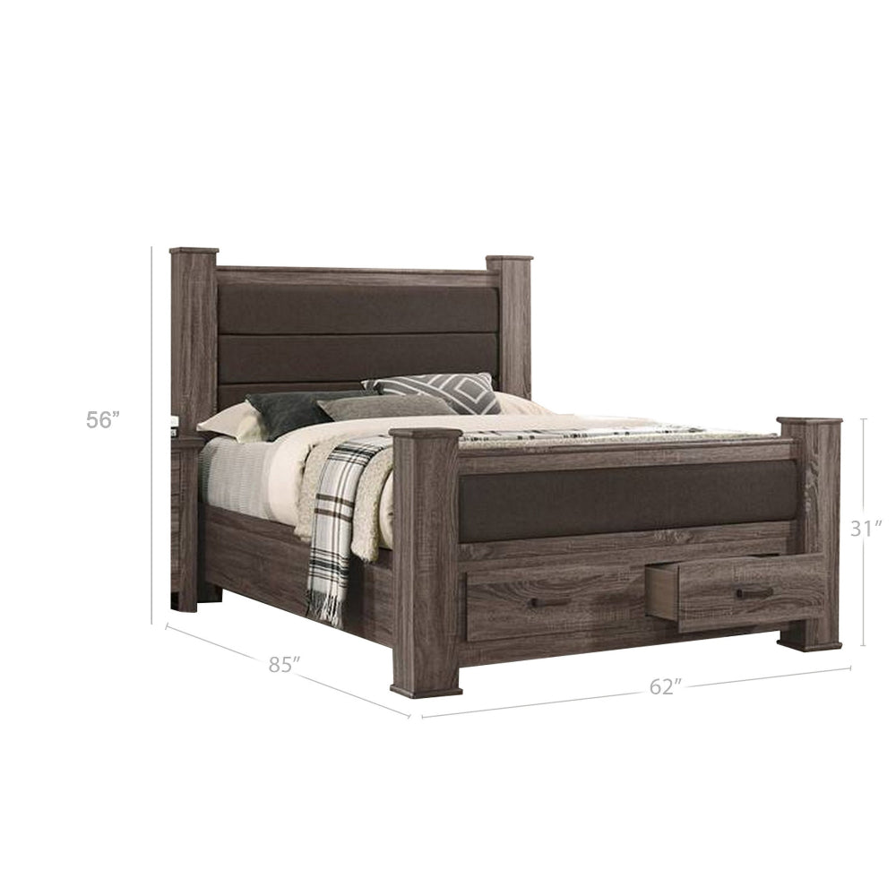 Fort Queen Size Bed, 2 Drawers, Upholstered Panel, Oak Gray by Casagear Home