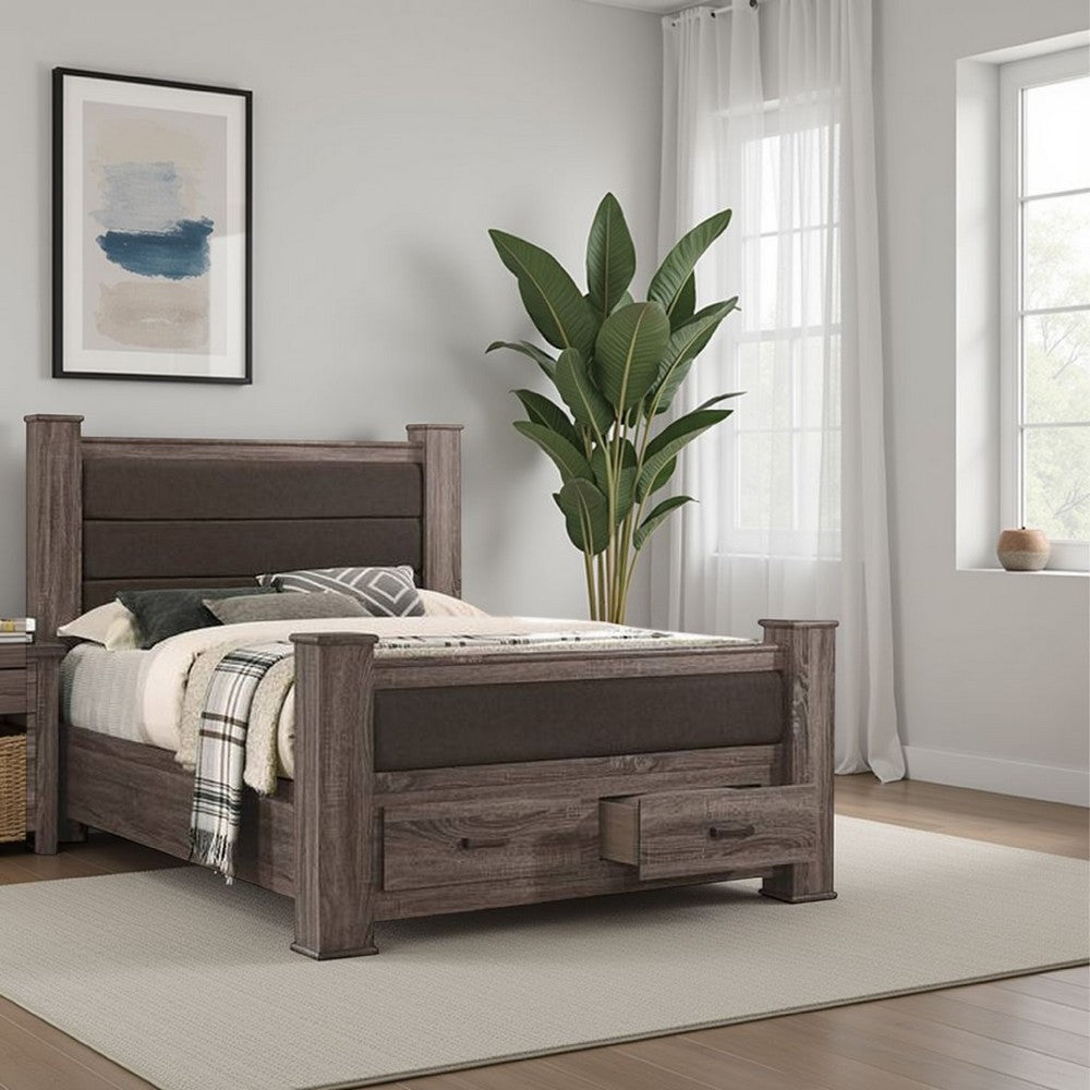 Fort Classic Queen Sized Bed with 2 Drawers, Upholstered Panel, Oak Gray