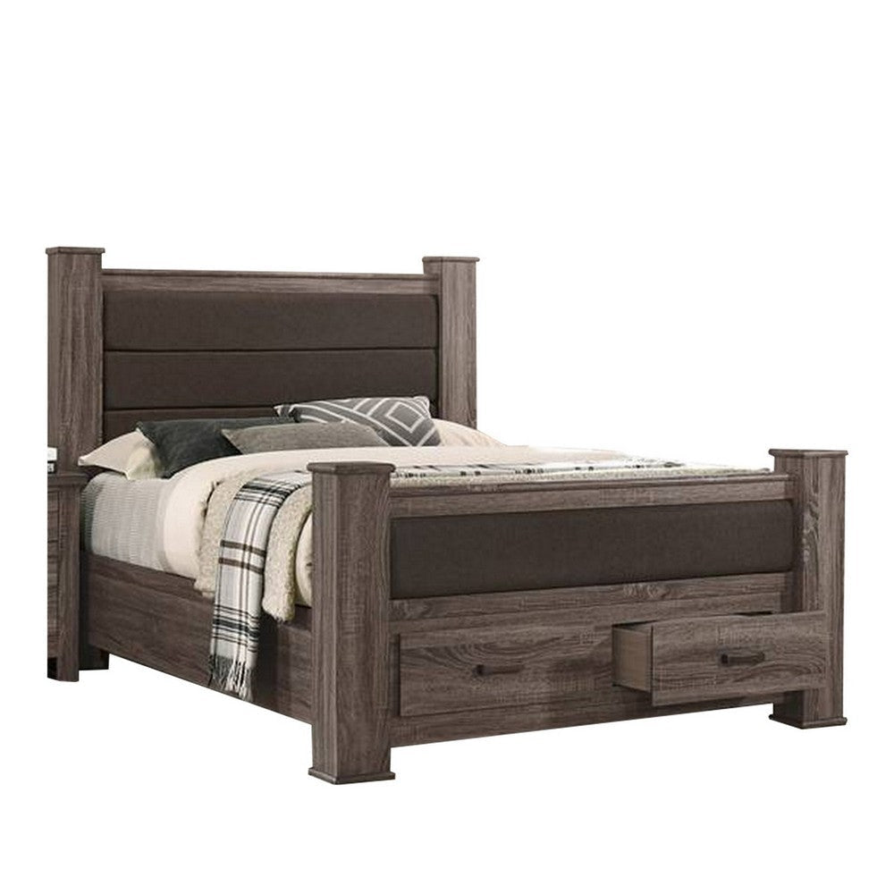 Fort Classic Queen Sized Bed with 2 Drawers, Upholstered Panel, Oak Gray