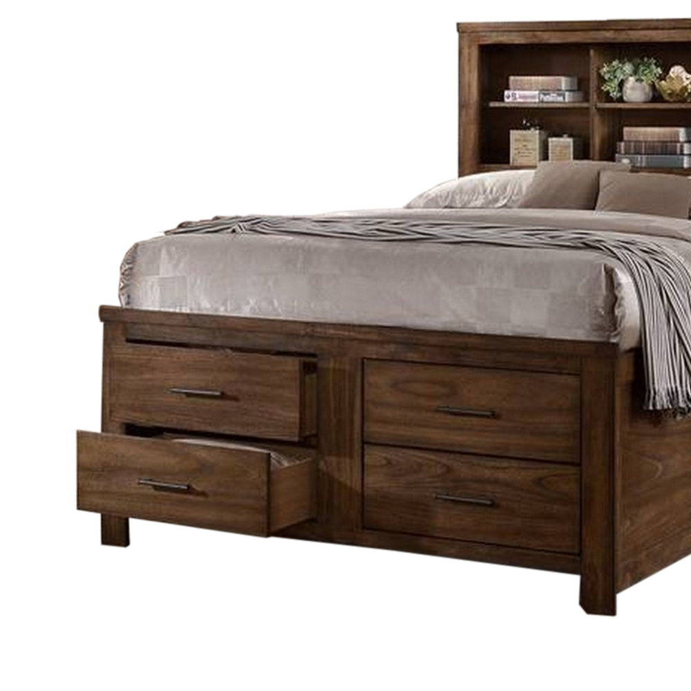 Tiva Wood Queen Size Bed 6 Drawers Book Case Frame Distressed Oak Brown By Casagear Home BM300204