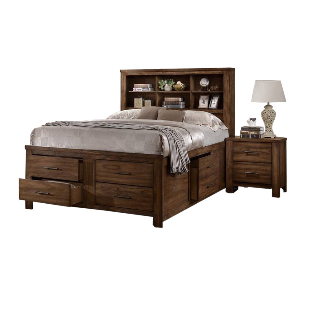 Tiva Wood Queen Size Bed, 6 Drawers, Book Case Frame, Distressed Oak Brown By Casagear Home