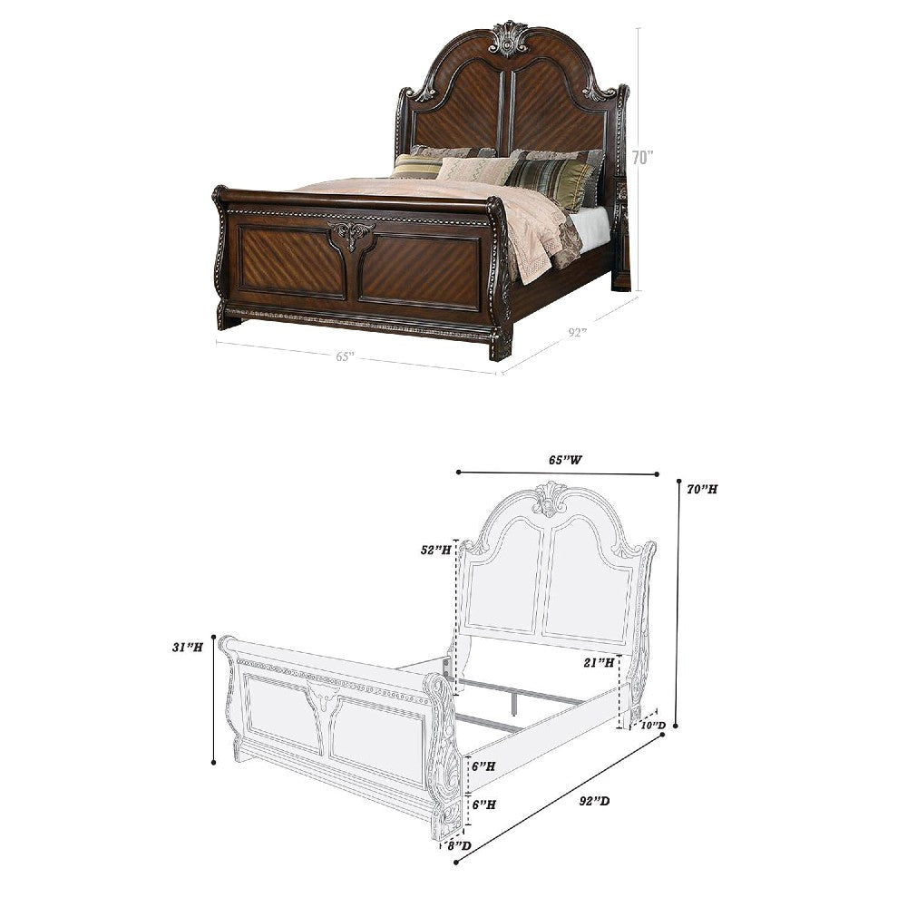 Qoz Wood Queen Size Bed with Carved Trim Scalloped Headboard Brown By Casagear Home BM300209