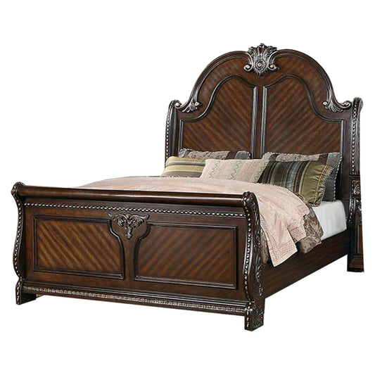 Qoz Wood Queen Size Bed with Carved Trim, Scalloped Headboard, Brown  By Casagear Home