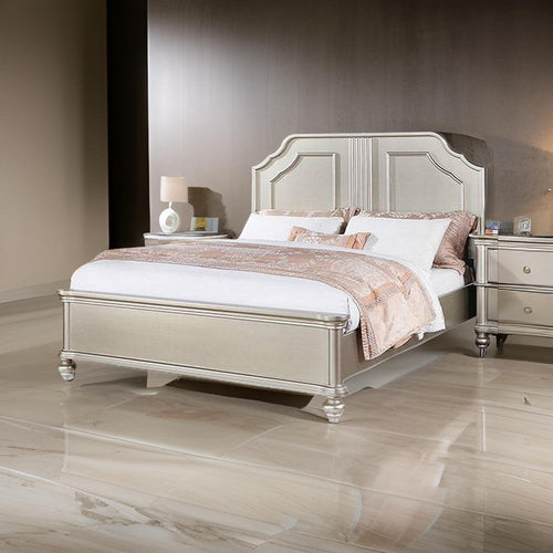 Opp Platform California King Bed with Panel Headboard, Champagne Silver