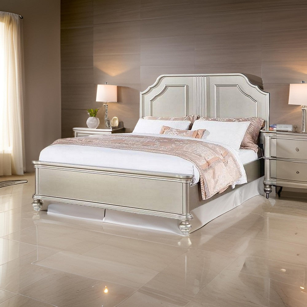 Opp Platform King Size Bed with Curved Panel Headboard, Champagne Silver