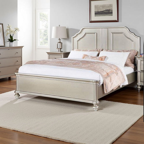 Opp Platform Queen Size Bed with Curved Panel Headboard, Champagne Silver