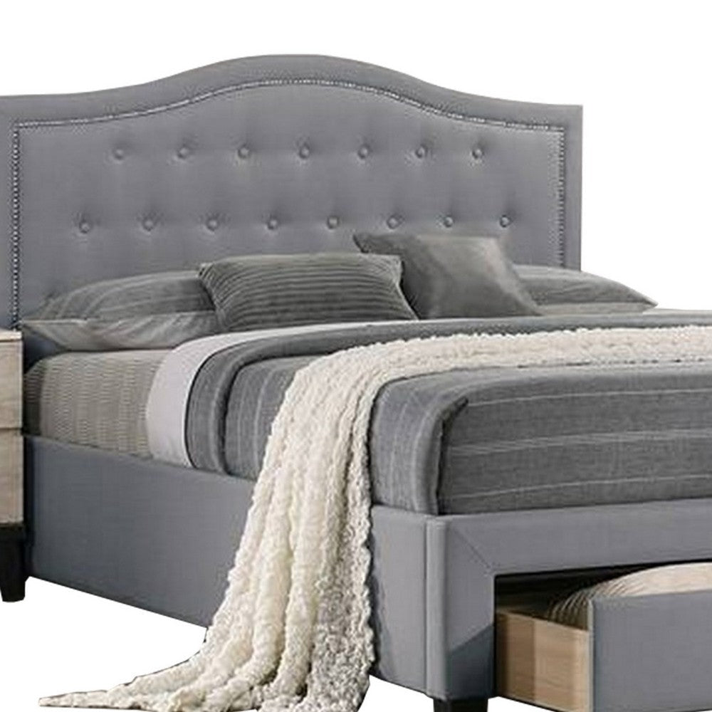 Buk Wood Full Bed Button Tufted Upholstered Nailhead Trim Gray Burlap By Casagear Home BM300213