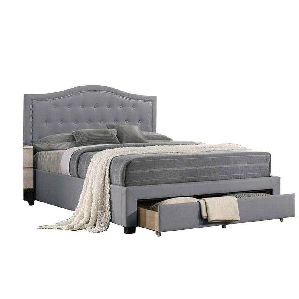 Buk Wood Full Bed, Button Tufted Upholstered, Nailhead Trim, Gray Burlap By Casagear Home