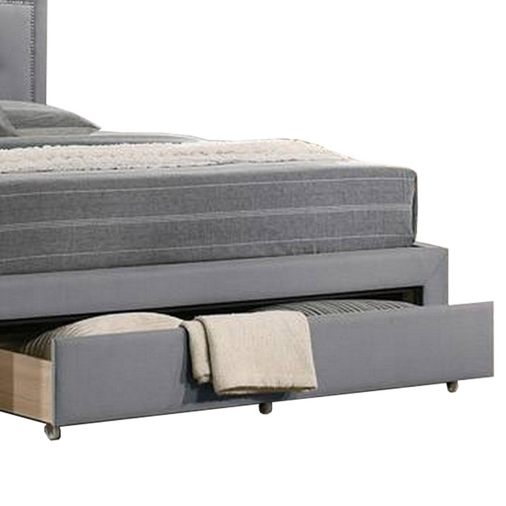 Buk Upholstered Tufted Queen Bed with Storage Nailhead Trim Gray Burlap