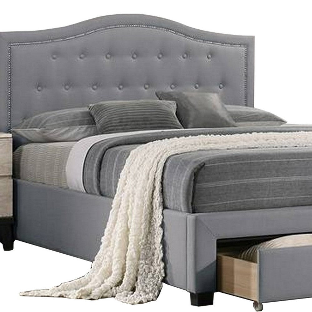 Buk Upholstered Tufted Twin Bed with Storage Nailhead Trim Gray Burlap By Casagear Home BM300215