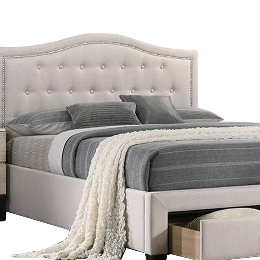 Buk Upholstered Tufted Full Bed with Storage Nailhead Trim Ivory Burlap