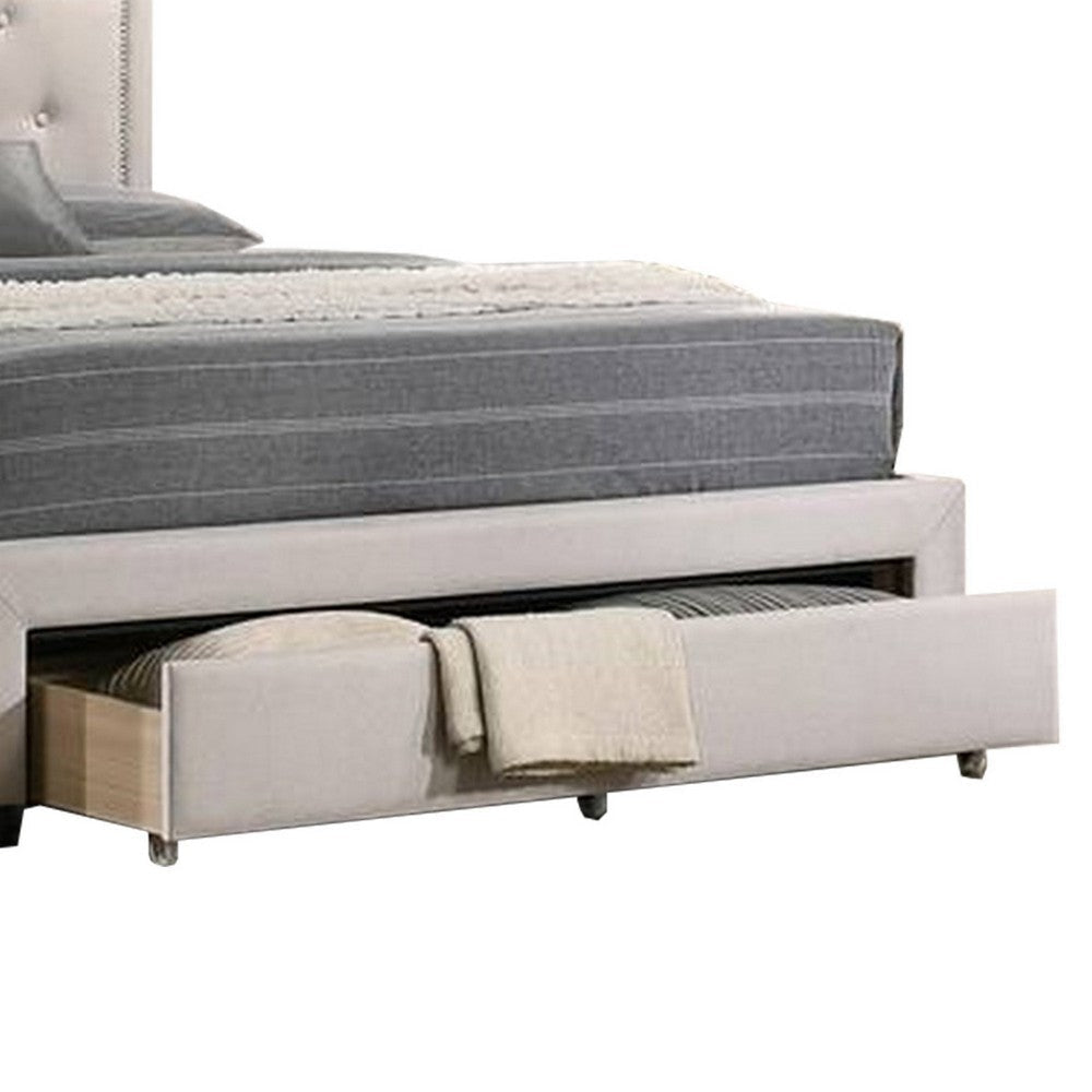 Buk Upholstered Tufted Full Bed with Storage Nailhead Trim Ivory Burlap