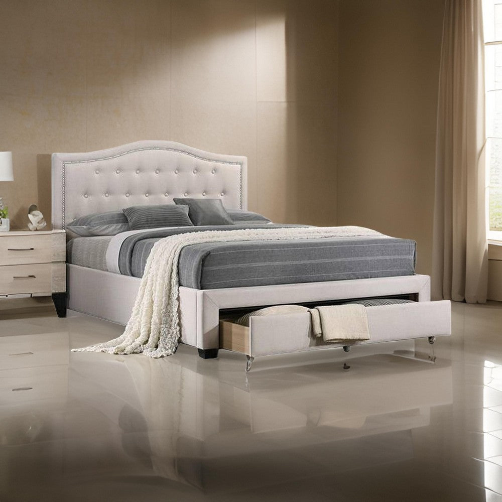 Buk Upholstered Tufted Full Bed with Storage, Nailhead Trim, Ivory Burlap
