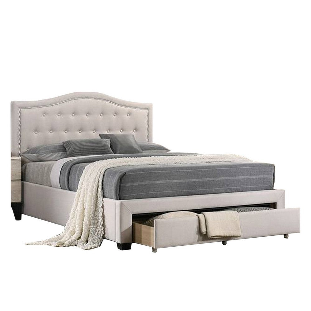 Buk Upholstered Tufted Full Bed with Storage, Nailhead Trim, Ivory Burlap 