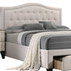 Buk Upholstered Tufted Queen Bed with Storage Nailhead Trim Ivory Burlap