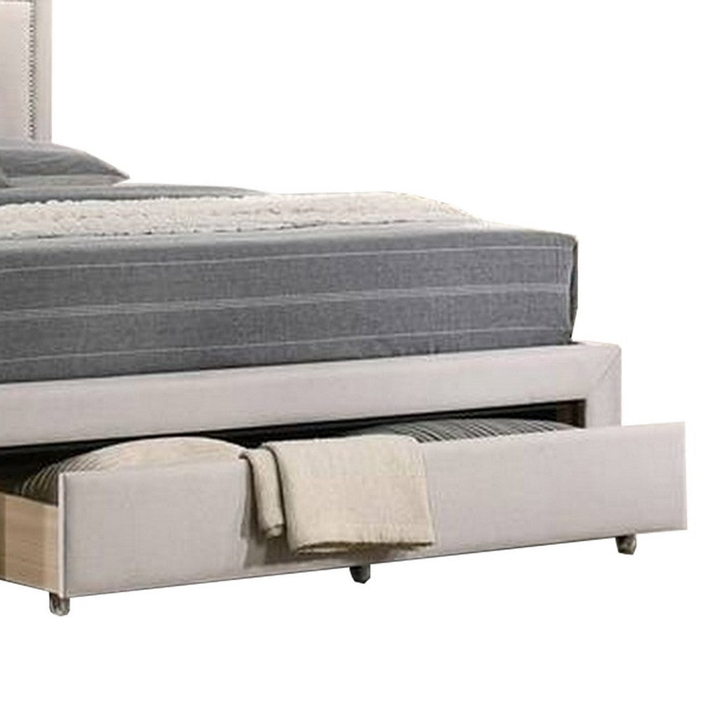 Buk Upholstered Tufted Queen Bed with Storage Nailhead Trim Ivory Burlap