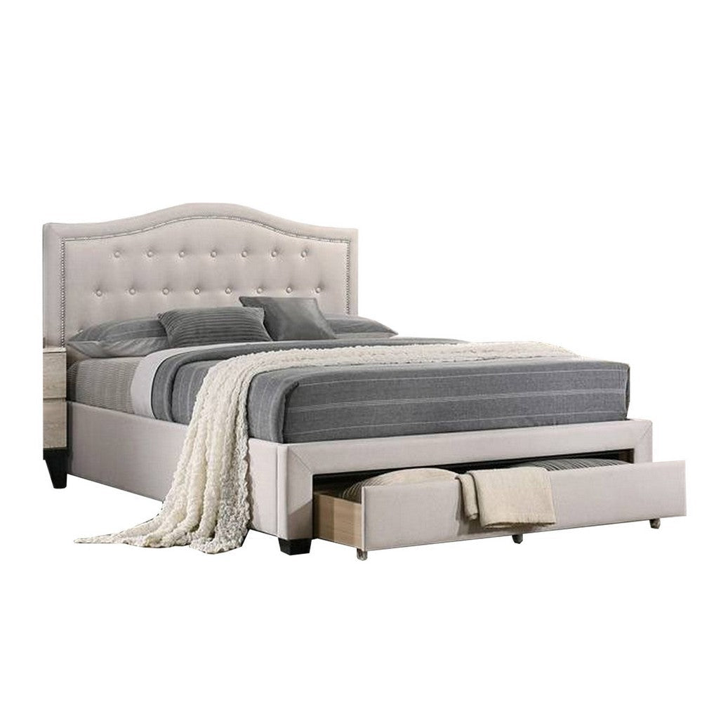 Buk Upholstered Tufted Queen Bed with Storage, Nailhead Trim, Ivory Burlap