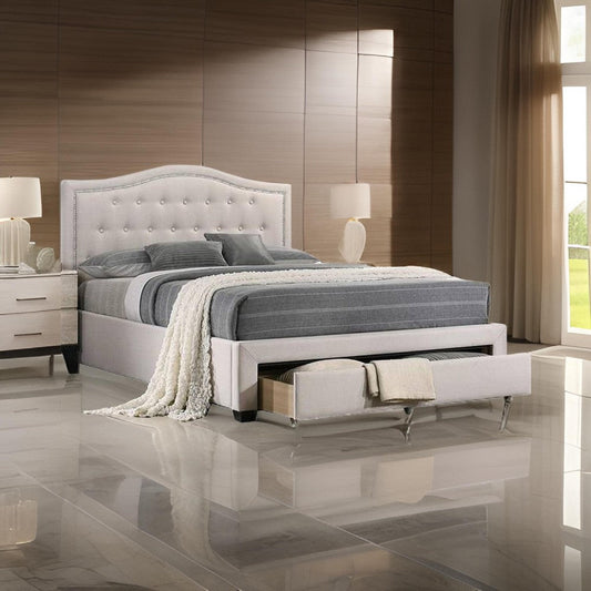 Buk Upholstered Tufted Queen Bed with Storage, Nailhead Trim, Ivory Burlap