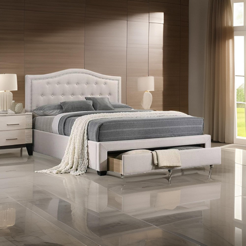 Buk Upholstered Tufted Queen Bed with Storage, Nailhead Trim, Ivory Burlap