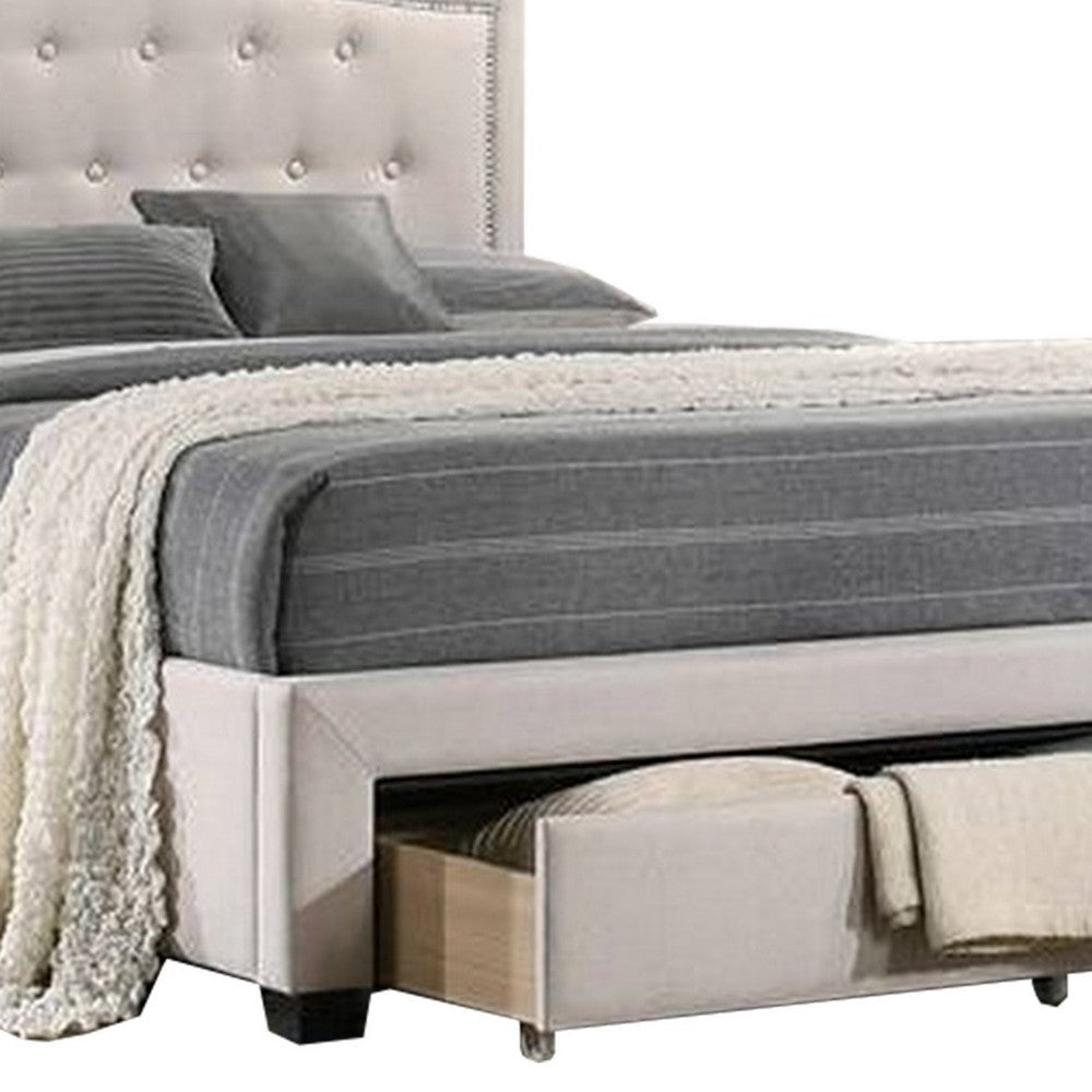 Buk Upholstered Tufted Twin Bed with Storage Nailhead Trim Ivory Burlap By Casagear Home BM300218