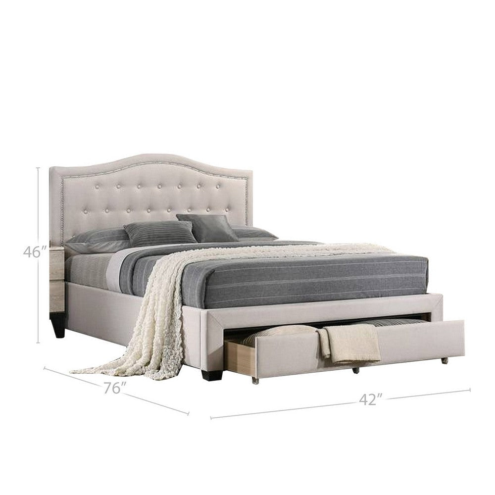 Buk Upholstered Tufted Twin Bed with Storage Nailhead Trim Ivory Burlap By Casagear Home BM300218