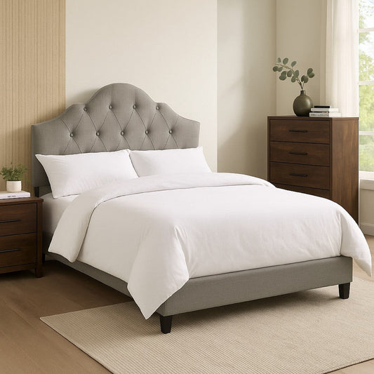 Eni Upholstered King Size Bed, Tufted Adjustable Headboard, Gray Fabric