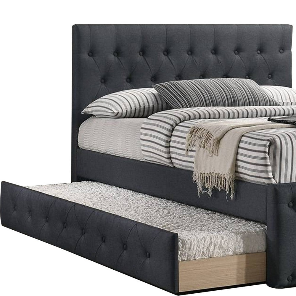 Nek Full Size Upholstered Bed with Twin Trundle Tufted Charcoal Burlap