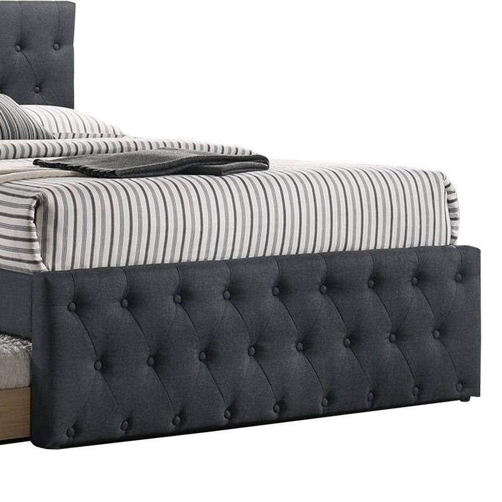 Nek Full Size Upholstered Bed with Twin Trundle Tufted Charcoal Burlap