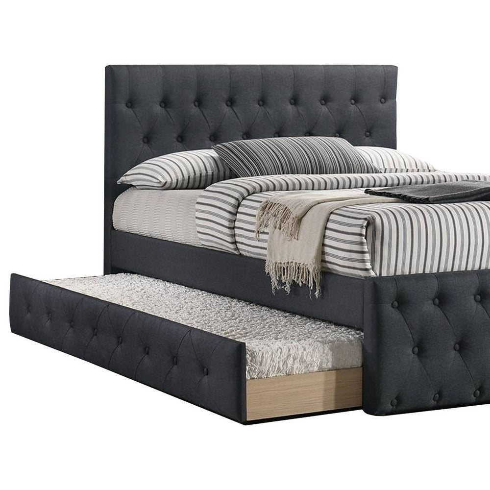 Nek Wood Twin Size Upholstered Bed with Trundle Tufted Charcoal Burlap By Casagear Home BM300230