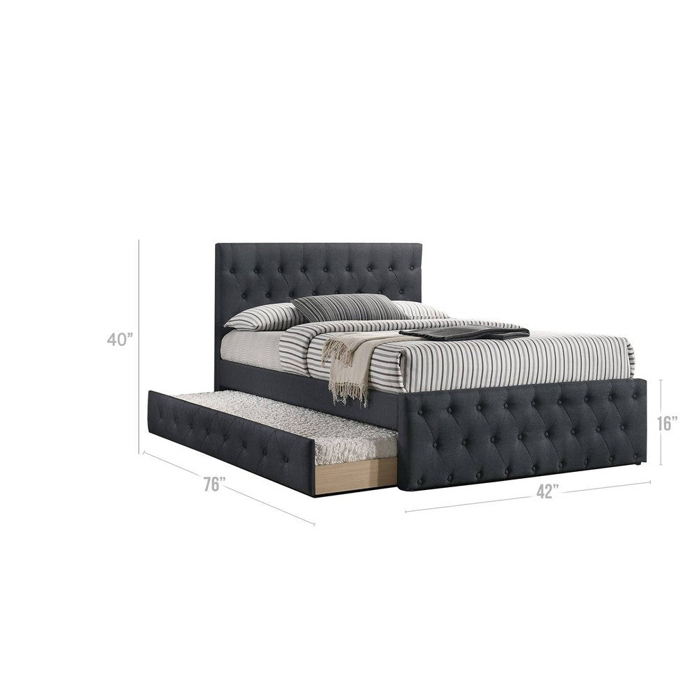 Nek Wood Twin Size Upholstered Bed with Trundle Tufted Charcoal Burlap By Casagear Home BM300230