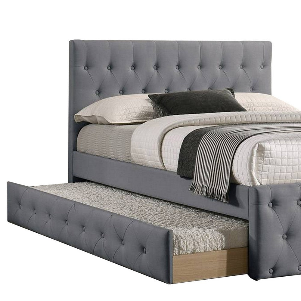 Nek Full Size Upholstered Bed with Twin Trundle Button Tufted Gray Burlap
