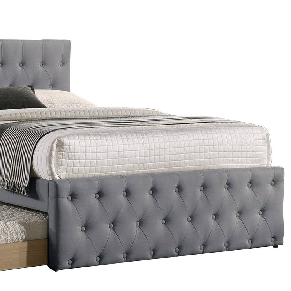Nek Full Size Upholstered Bed with Twin Trundle Button Tufted Gray Burlap