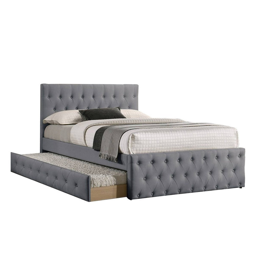 Nek Full Size Upholstered Bed with Twin Trundle, Button Tufted Gray Burlap