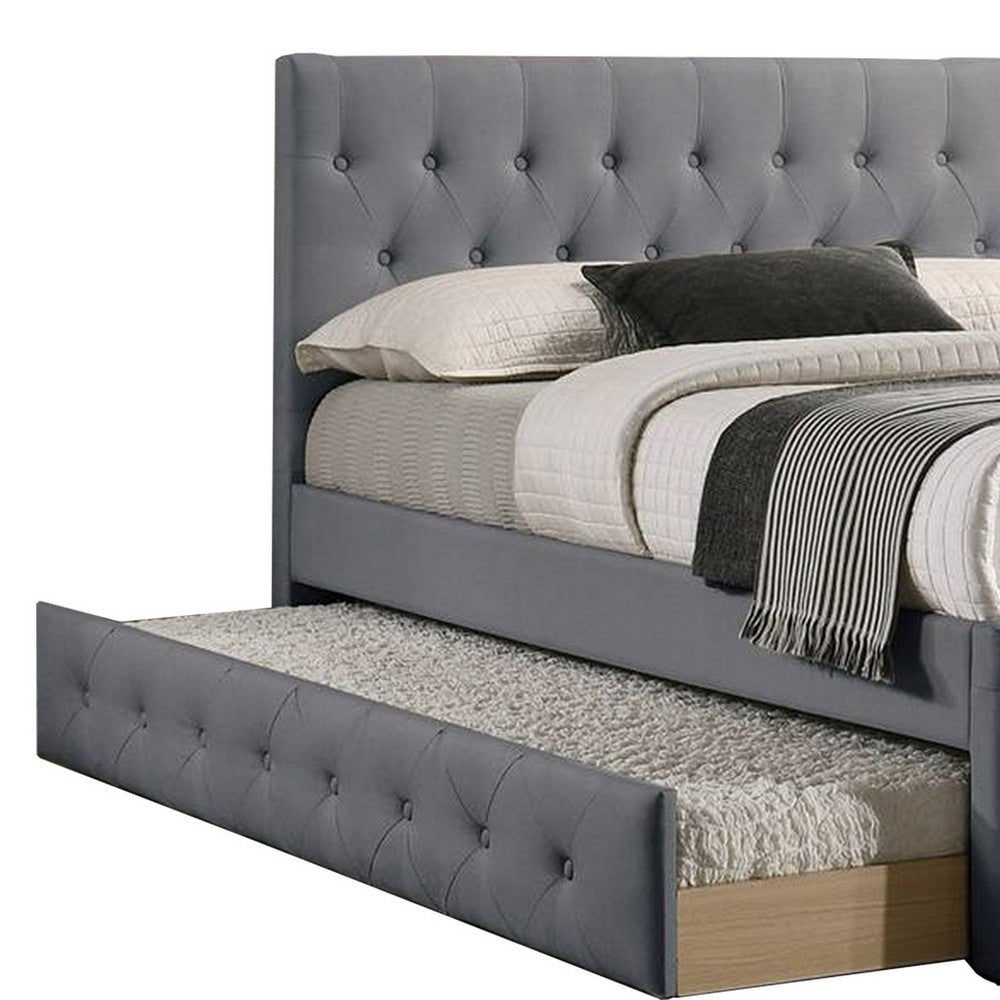 Nek Wood Twin Size Upholstered Bed with Trundle Tufted Gray Burlap BM300232