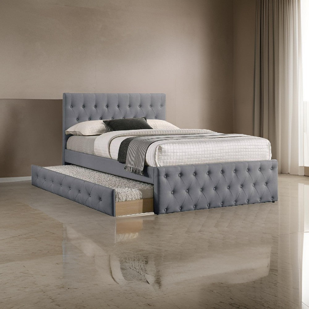 Nek Wood Twin Size Upholstered Bed with Trundle, Tufted Gray Burlap