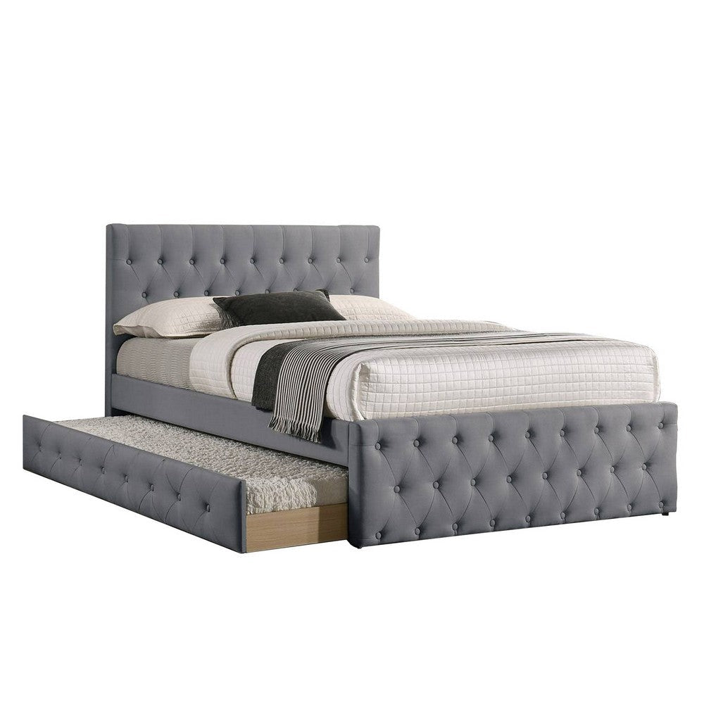 Nek Wood Twin Size Upholstered Bed with Trundle, Tufted Gray Burlap