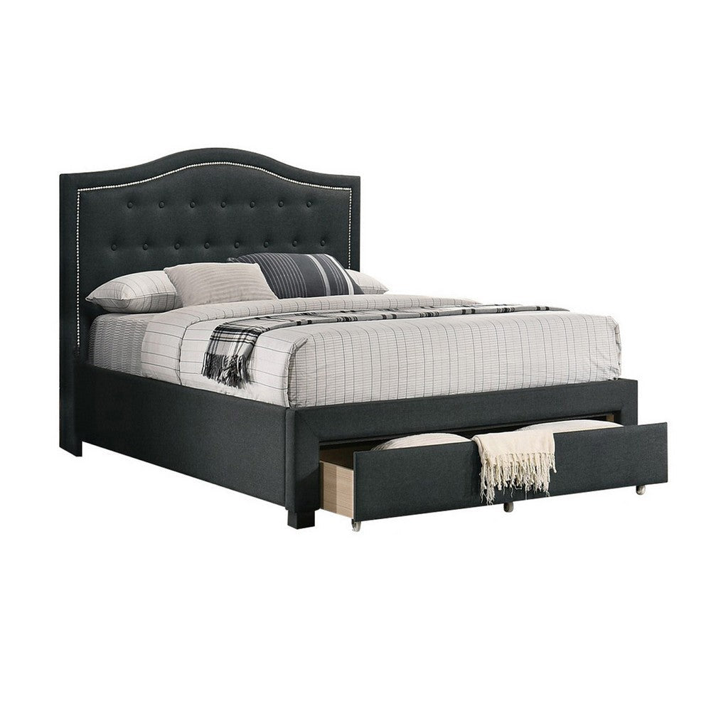 Buk King Upholstered Bed with Tufted Headboard, Charcoal Burlap Upholstery 