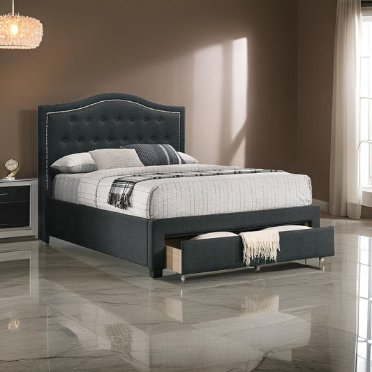Buk King Upholstered Bed with Tufted Headboard, Charcoal Burlap Upholstery
