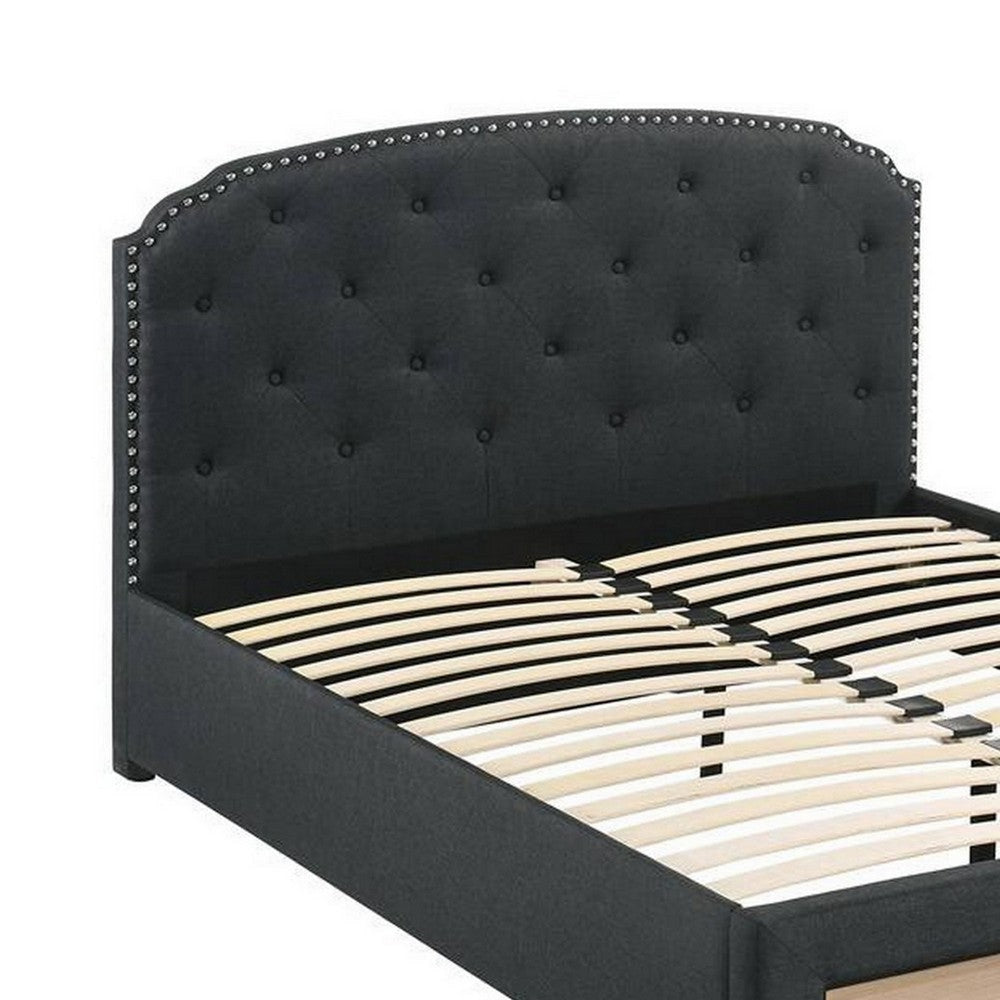 Nue Twin Upholstered Bed Curved Tufted Headboard Charcoal Gray Burlap BM300237