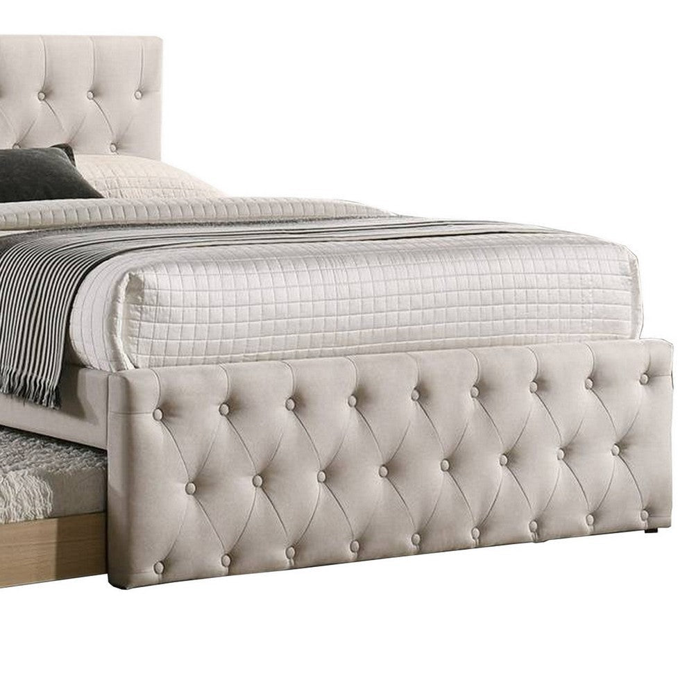 Nek Wood Twin Size Upholstered Bed with Trundle Tufted Taupe Burlap Frame By Casagear Home BM300242