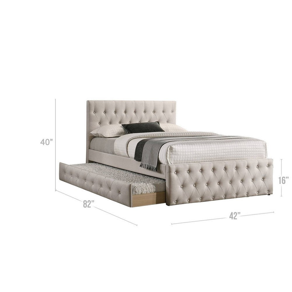 Nek Wood Twin Size Upholstered Bed with Trundle Tufted Taupe Burlap Frame By Casagear Home BM300242