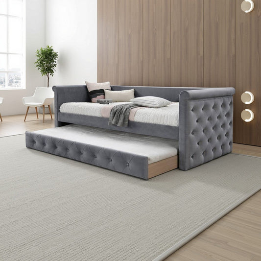 Edra Classic Wood Upholstered Day Bed with Trundle, Tufted Gray Burlap
