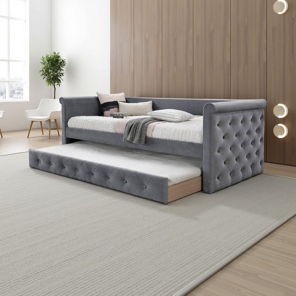 Edra Classic Wood Upholstered Day Bed with Trundle, Tufted Gray Burlap