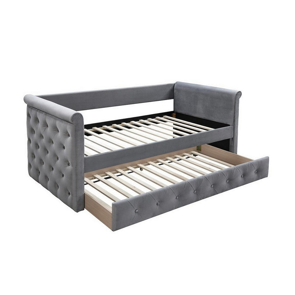 Edra Classic Wood Upholstered Day Bed with Trundle, Tufted Gray Burlap