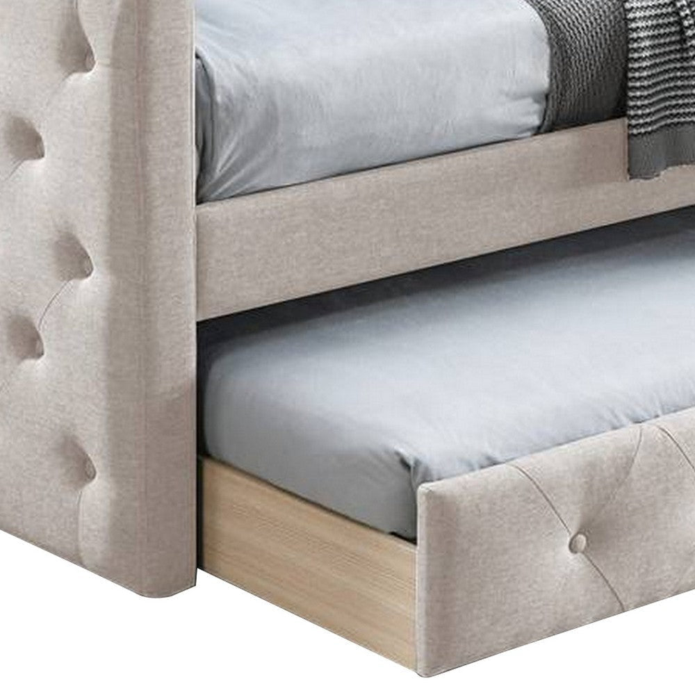 Edra Classic Upholstered Day Bed with Trundle Button Tufted Taupe Burlap BM300245