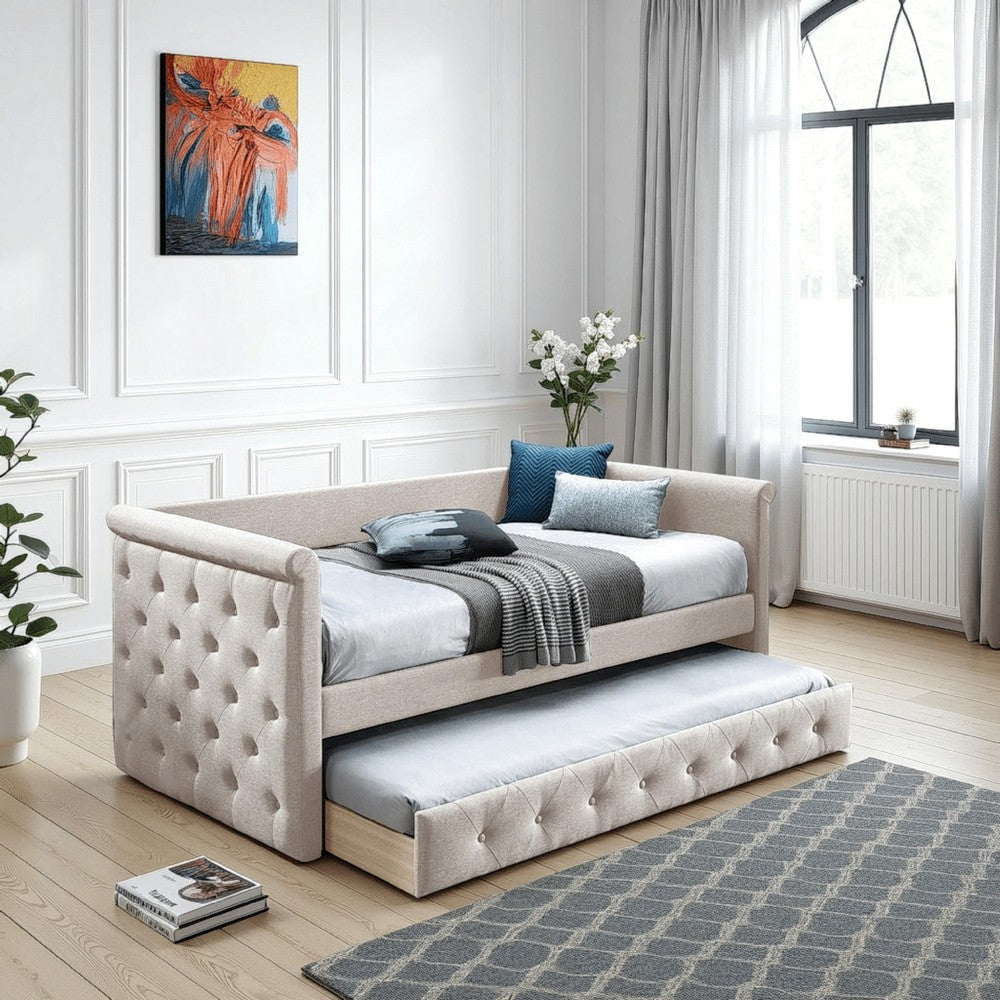 Edra Classic Upholstered Day Bed with Trundle, Button Tufted, Taupe Burlap