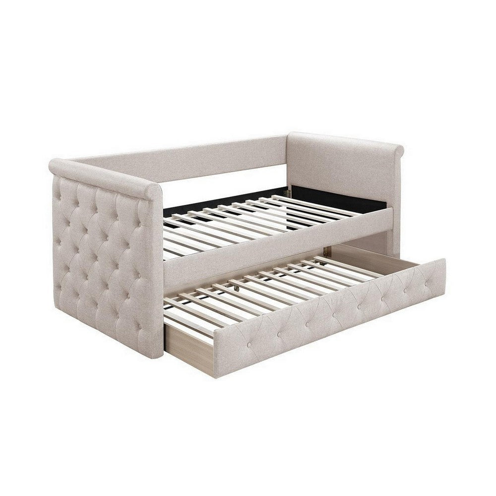 Edra Classic Upholstered Day Bed with Trundle, Button Tufted, Taupe Burlap
